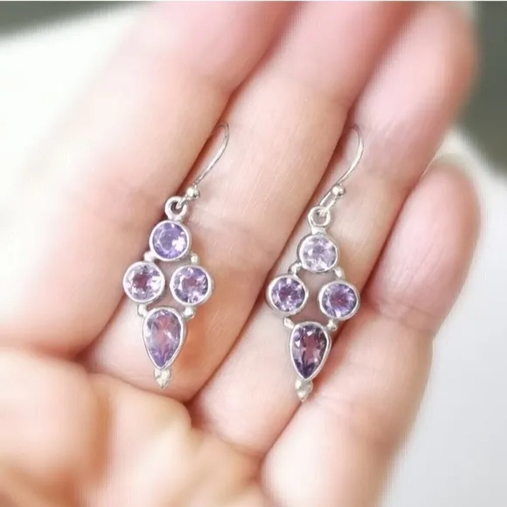 Sterling silver lavender purple Amethyst dangle drop earrings - Picture 2 of 4